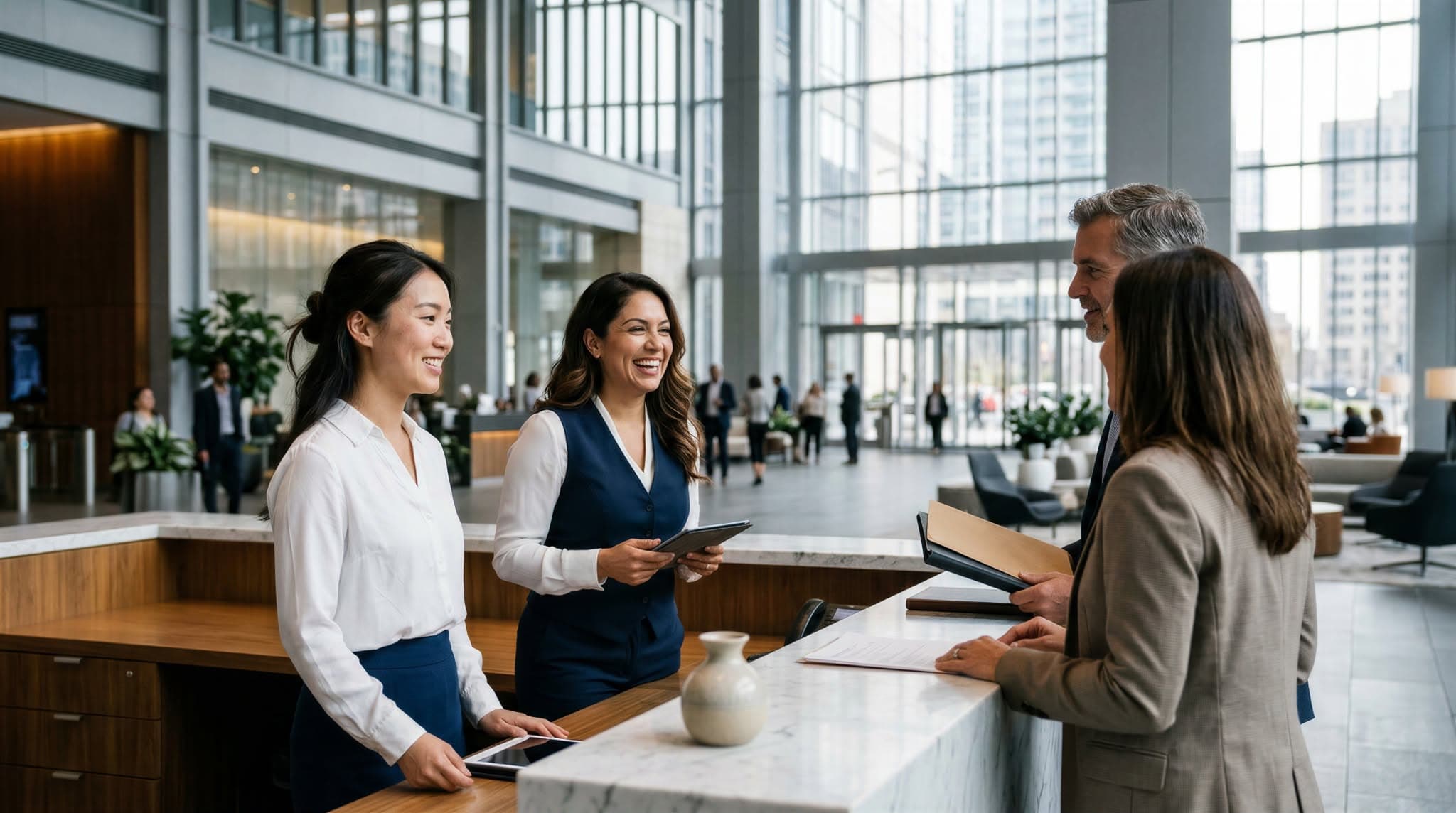 Corporate building lobby for concierge and front desk staffing