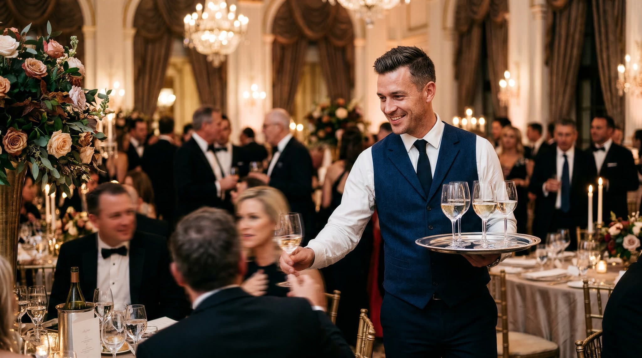 Waiter serving guests inside a restaurant