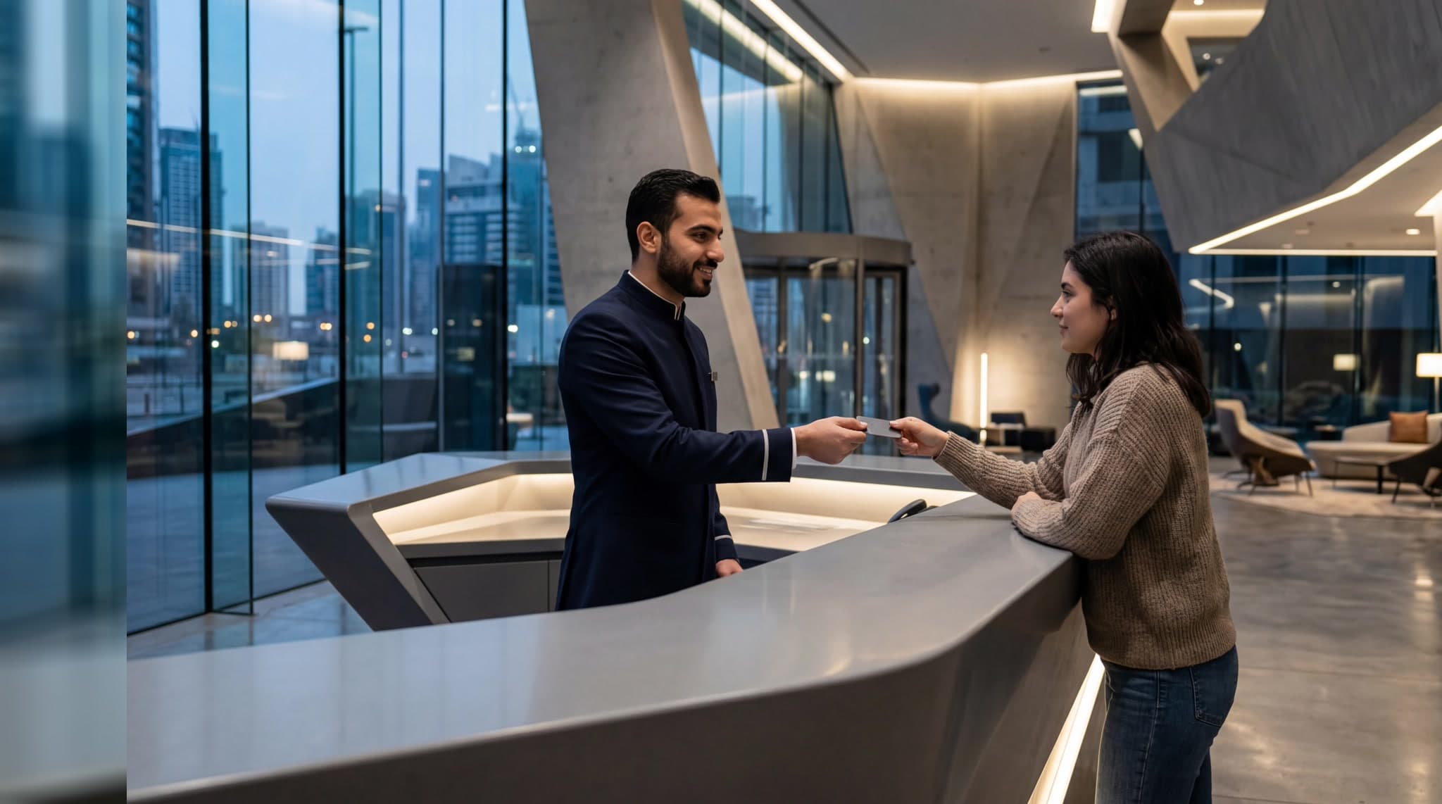 Serviced apartment concierge handing a guest a key card at reception