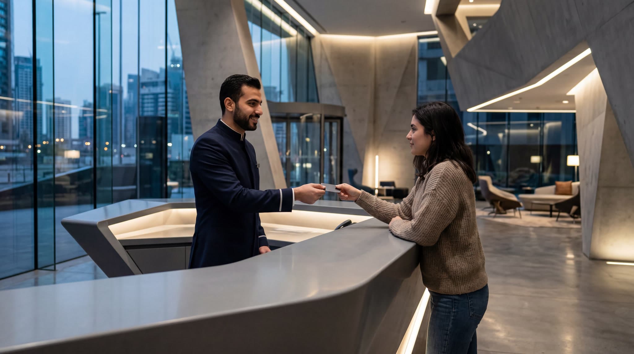 Hotel reception desk with warm wood finishes and concierge area