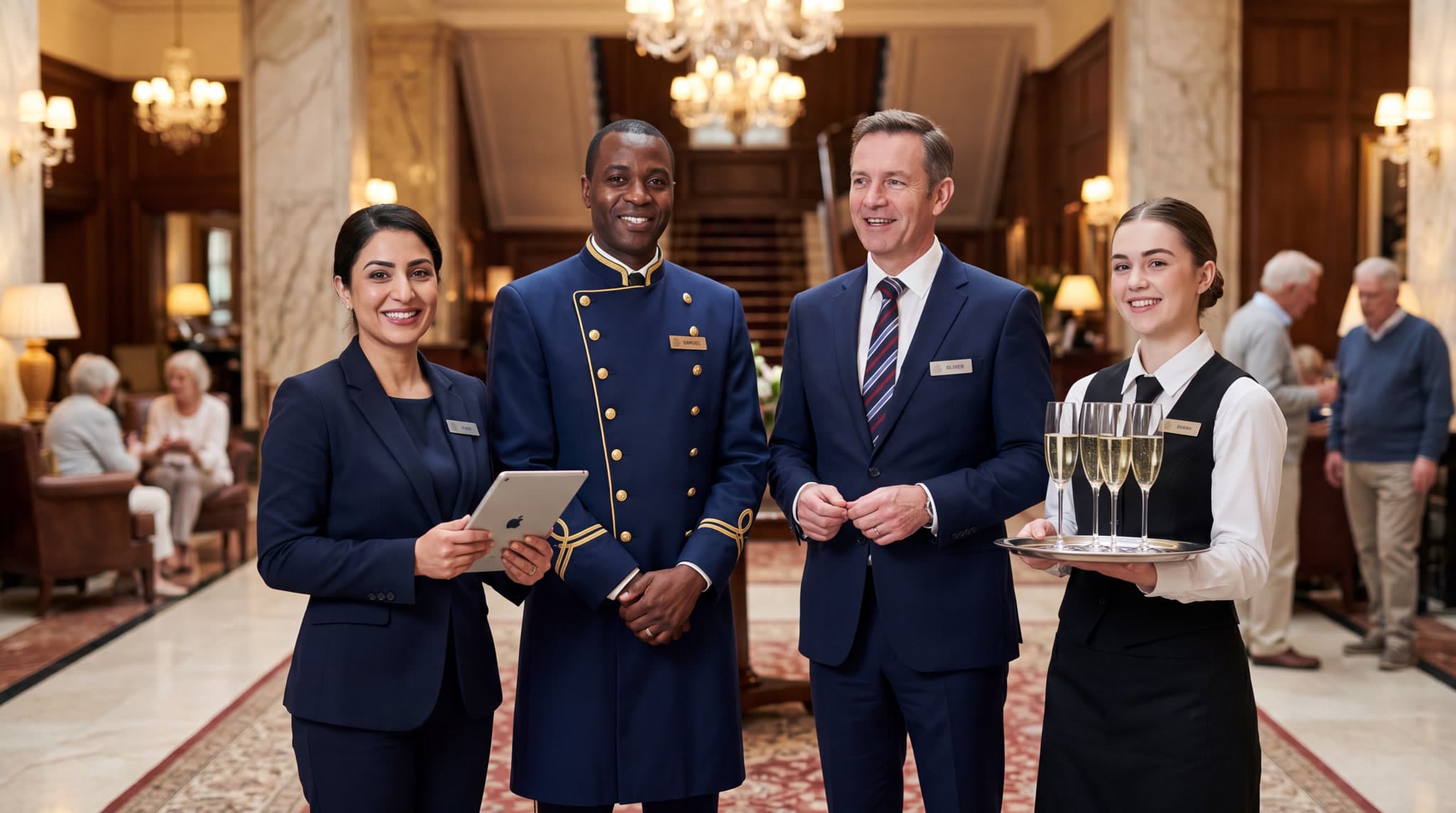 Four smiling hotel staff in navy uniforms in a grand marble lobby, one holding a tablet and one carrying a tray of champagne