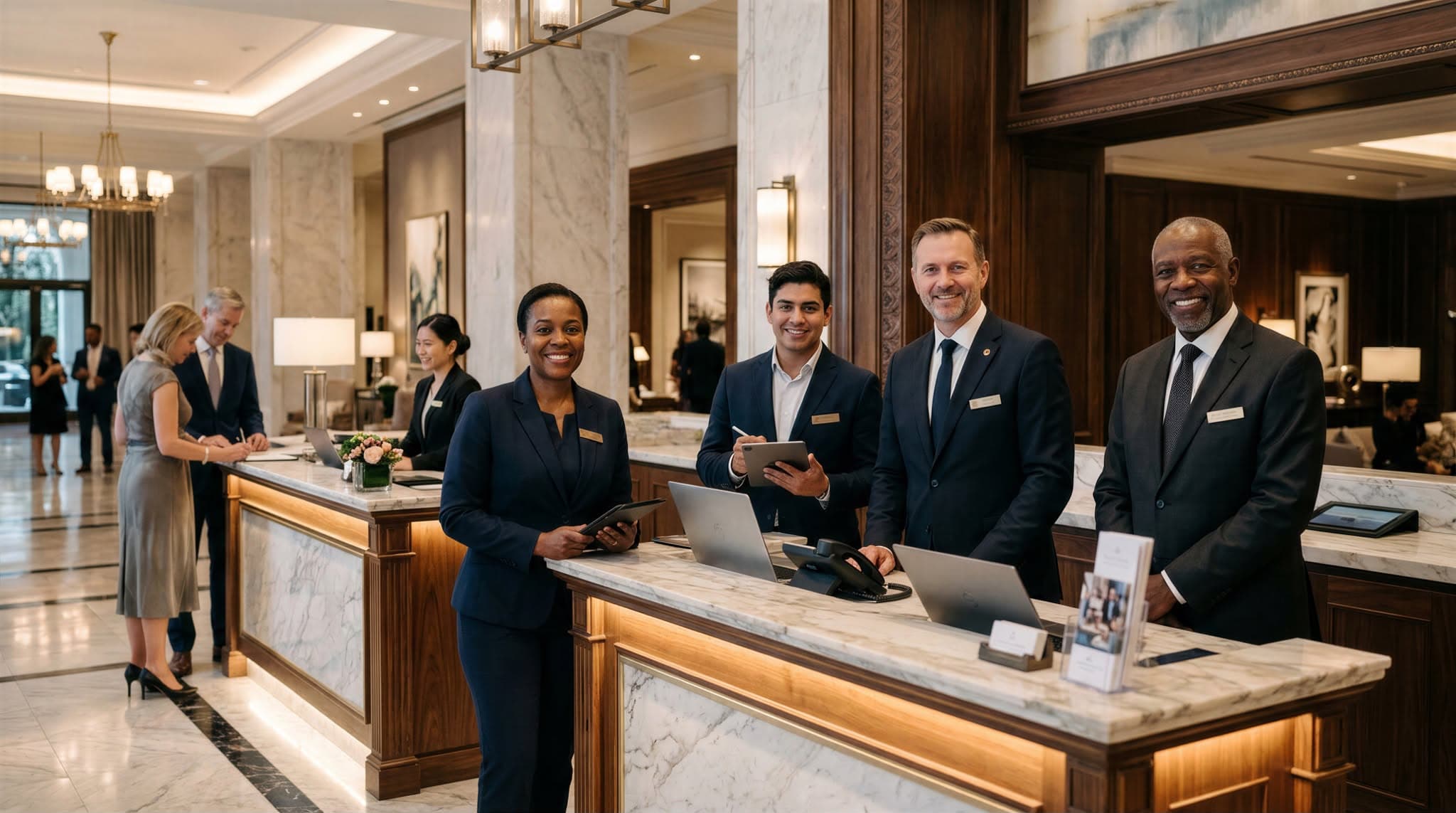 Hotel lobby prepared for HEROS hotel staffing and guest service support