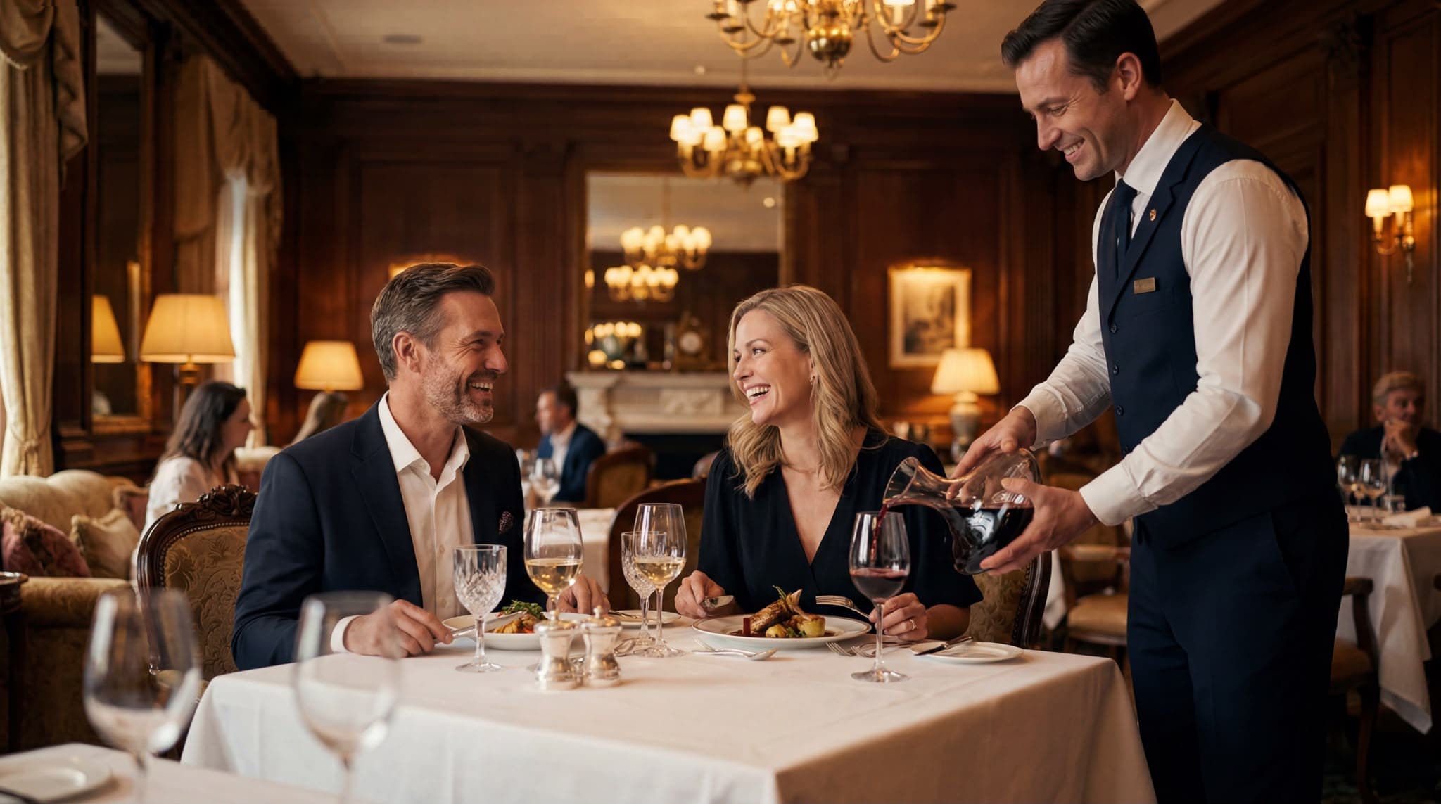 Restaurant floor team serving guests during a polished hospitality service